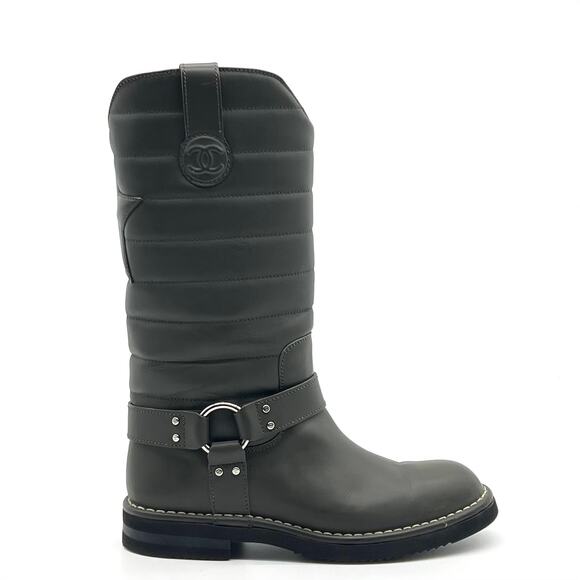 Size 37 - Chanel 14AW Womens Leather Long Riding Boots Khaki - Picture 1 of 7